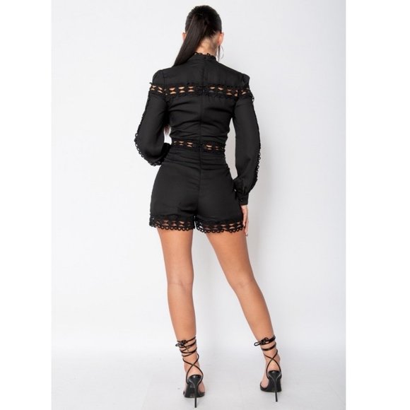Black Long Sleeve High Neck Lace Trim Romper - Picture 2 of 11